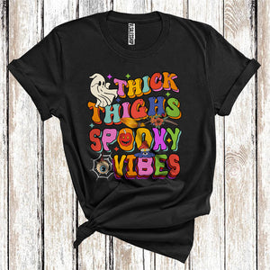 MacnyStore - Thick Thighs Spooky Vibes Cute Groovy Halloween Costume Ghost Boo Scary Eye T-Shirt