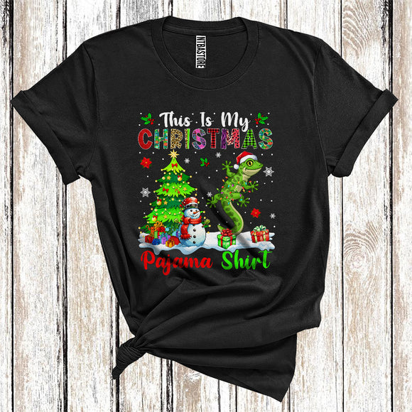 MacnyStore - This Is My Christmas Pajamas Shirt, Snowman Xmas Tree Lights Santa Gecko, Christmas T-Shirt