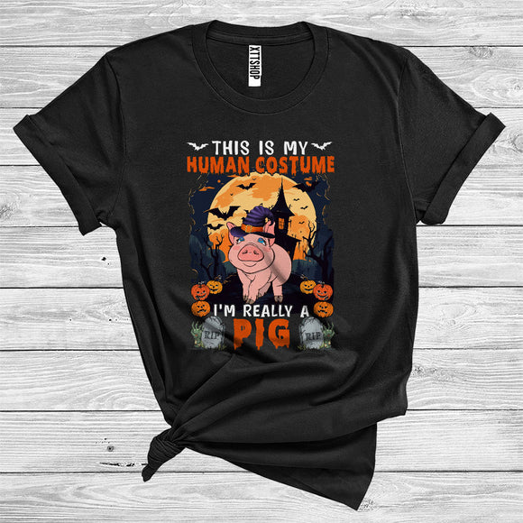 MacnyStore - This Is My Human Costume I'm Really A Pig Cute Halloween Witch Farm Animal Lover T-Shirt