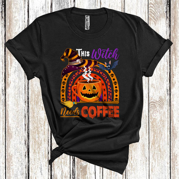 MacnyStore - This Witch Needs Coffee Cool Carved Pumpkin Rainbow Halloween Costume Witch Coffee Lover T-Shirt