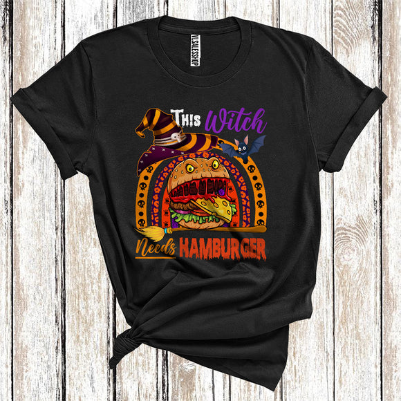MacnyStore - This Witch Needs Hamburger Funny Rainbow Halloween Costume Fast Food Lover T-Shirt