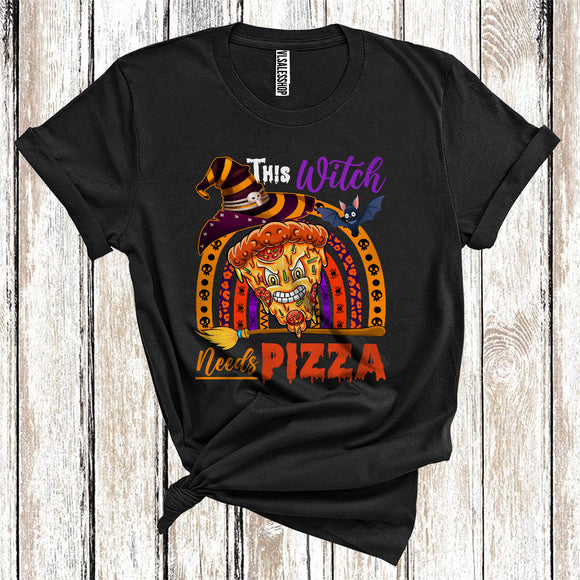 MacnyStore - This Witch Needs Pizza Funny Riding Broomstick Rainbow Halloween Fast Food Lover T-Shirt