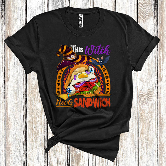 MacnyStore - This Witch Needs Sandwich Funny Riding Broomstick Rainbow Halloween Fast Food Lover T-Shirt