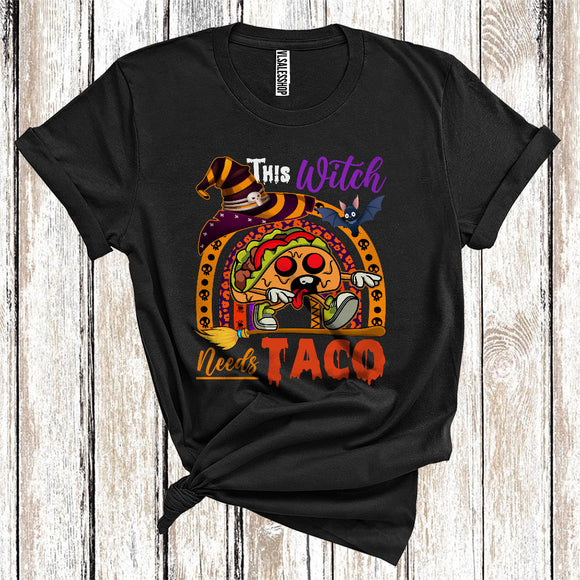MacnyStore - This Witch Needs Taco Funny Riding Broomstick Rainbow Halloween Mexican Food Lover T-Shirt