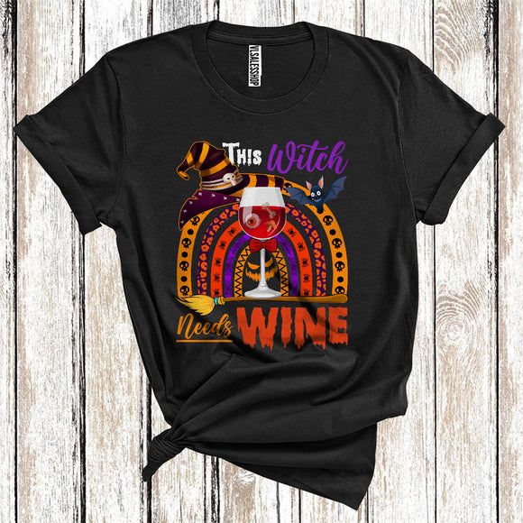 MacnyStore - This Witch Needs Wine Funny Broomstick Rainbow Halloween Drinking Lover T-Shirt
