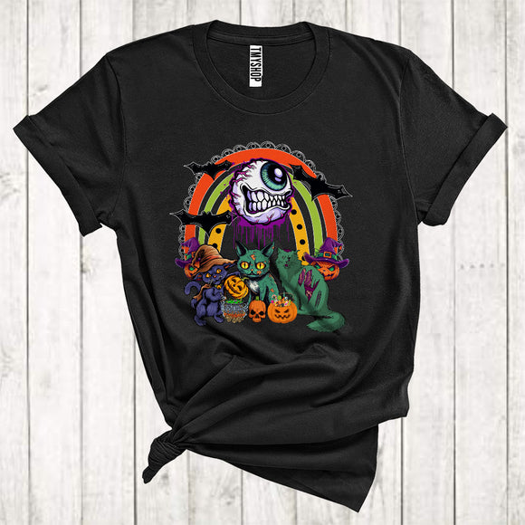 MacnyStore - Three Cats Cool Halloween Horror Zombie Witch Cat Scary Eye Pumpkins Rainbow T-Shirt