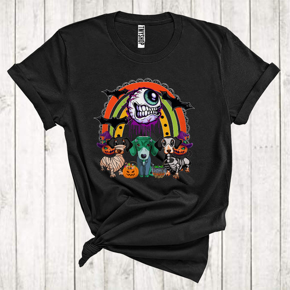 MacnyStore - Three Dachshund Cool Halloween Horror Zombie Witch Mummy Dachshund Scary Eye Rainbow T-Shirt