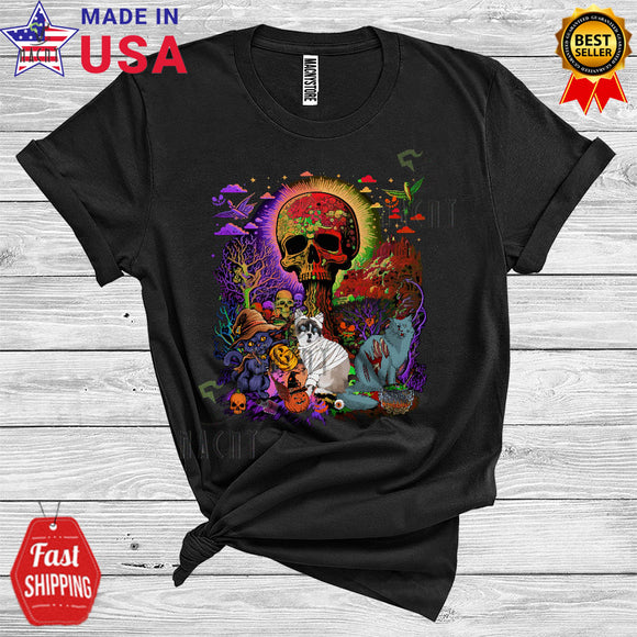 MacnyStore - Three Halloween Cat Witch Horror Mummy Zombie Cute Animal Cat Lover Scary Skull T-Shirt