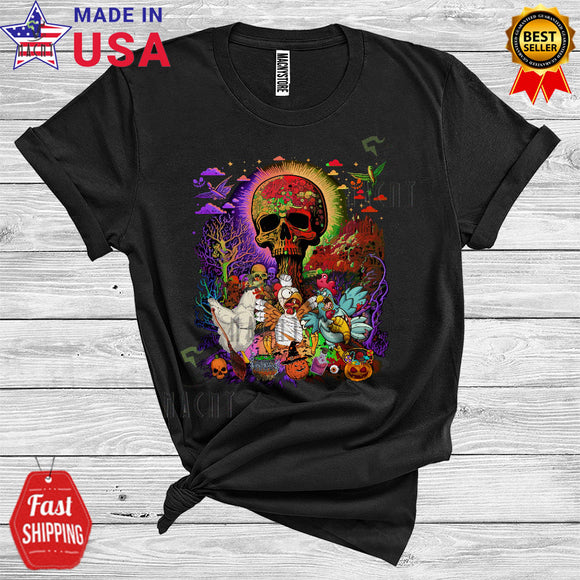 MacnyStore - Three Halloween Chicken Witch Horror Mummy Zombie Cute Farm Animal Lover Scary Skull T-Shirt