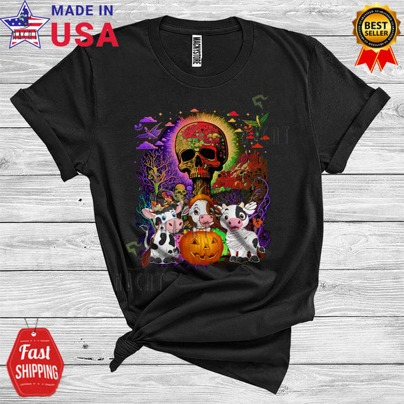 MacnyStore - Three Halloween Cow Witch Horror Mummy Zombie Cute Farm Animal Lover Scary Skull T-Shirt