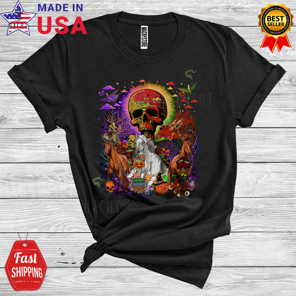 MacnyStore - Three Halloween Horse Witch Horror Mummy Zombie Cute Farm Animal Lover Scary Skull T-Shirt