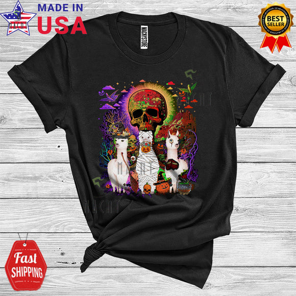 MacnyStore - Three Halloween Llama Witch Horror Mummy Zombie Cute Animal Lover Scary Skull T-Shirt