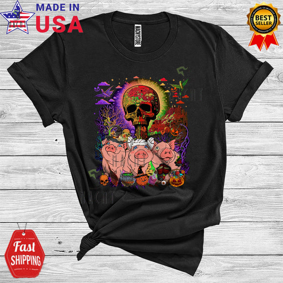 MacnyStore - Three Halloween Pig Witch Horror Mummy Zombie Cute Farm Animal Lover Scary Skull T-Shirt