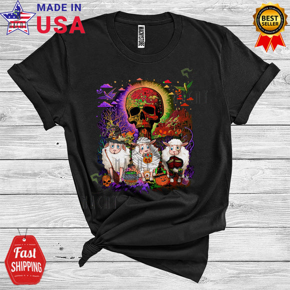 MacnyStore - Three Halloween Sheep Witch Horror Mummy Zombie Cute Farm Animal Lover Scary Skull T-Shirt