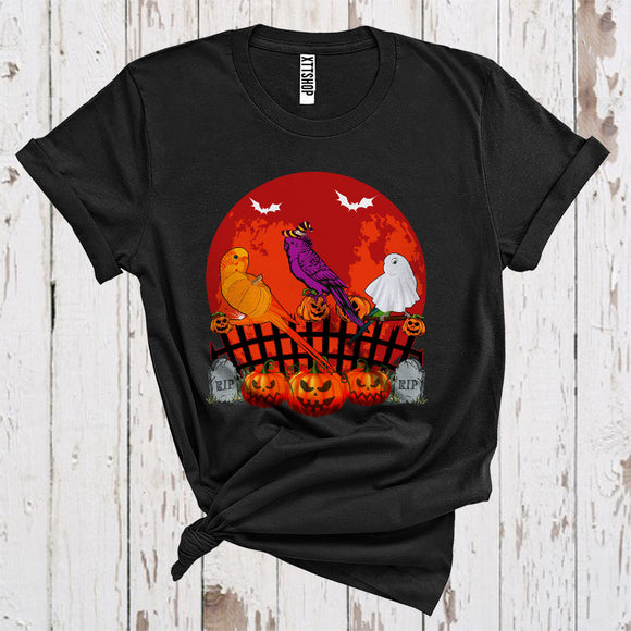 MacnyStore - Three Pumpkin Ghost Witch Budgerigars Cool Scary Moon Halloween Costume Bird Lover T-Shirt