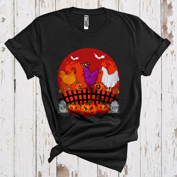 MacnyStore - Three Pumpkin Ghost Witch Chickens Cool Scary Moon Halloween Costume Farmer Lover T-Shirt