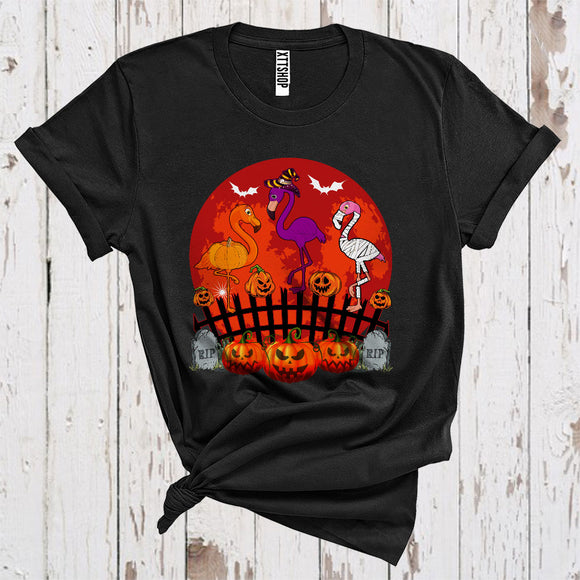 MacnyStore - Three Pumpkin Ghost Witch Flamingos Cool Scary Moon Halloween Costume Bird Lover T-Shirt