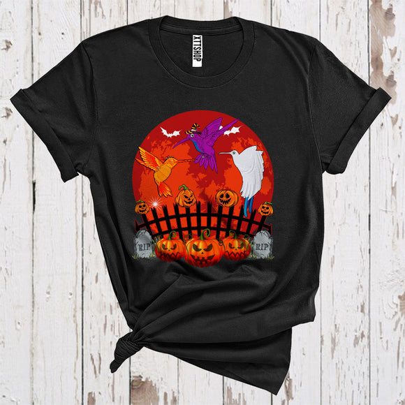 MacnyStore - Three Pumpkin Ghost Witch Hummingbirds Cool Scary Moon Halloween Costume Bird Lover T-Shirt