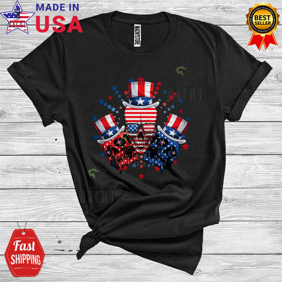 MacnyStore - Three Skulls Patriotic Firecracker 4th Of July Funny Skull USA Flag Sunglasses Matching Group T-Shirt