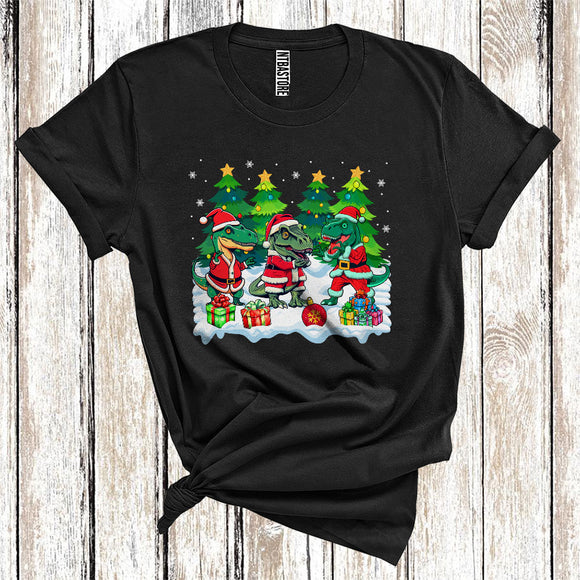MacnyStore - Three T-rex Xmas Tree, Dinosaur Wearing Santa Costume, Christmas T-Shirt