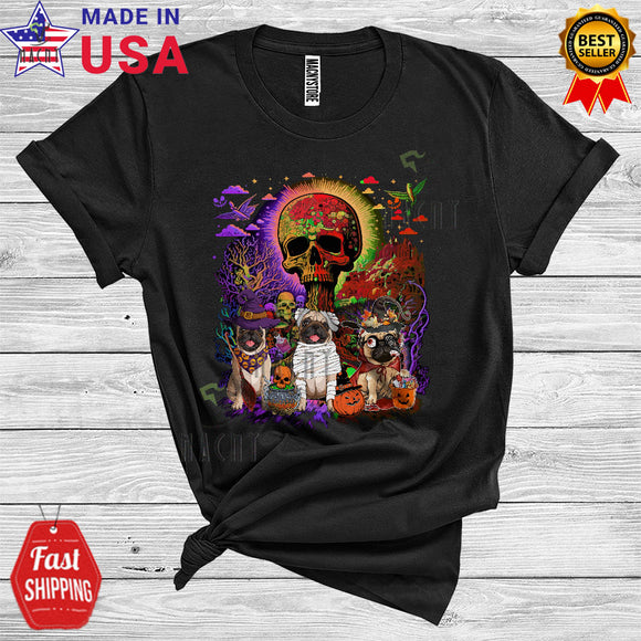 MacnyStore - Three Witch Mummy Zombie Pug Funny Scary Skull Halloween Costume T-Shirt