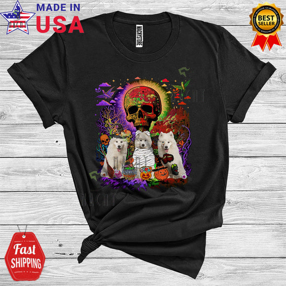 MacnyStore - Three Witch Mummy Zombie Samoyed Funny Scary Skull Halloween Costume T-Shirt