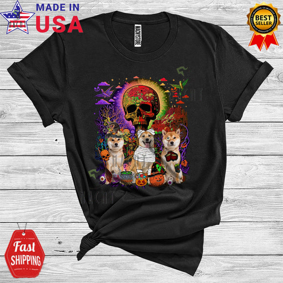 MacnyStore - Three Witch Mummy Zombie Shiba Inu Funny Scary Skull Halloween Costume T-Shirt