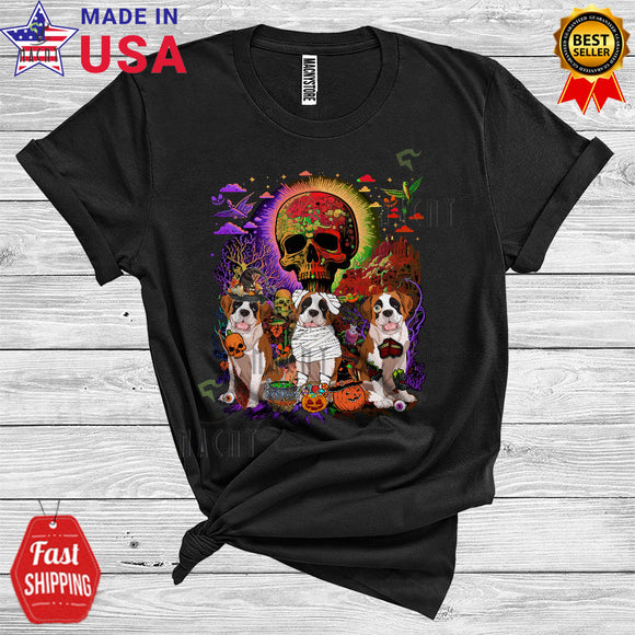 MacnyStore - Three Witch Mummy Zombie St. Bernard Funny Scary Skull Halloween Costume T-Shirt