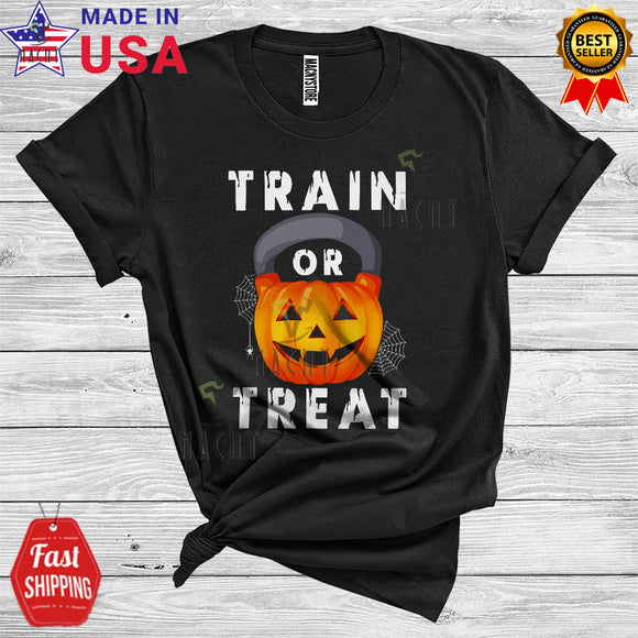 MacnyStore - Train Or Treat Funny Scary Halloween Pumpkin Kettlebell Gym Fitness Workout T-Shirt