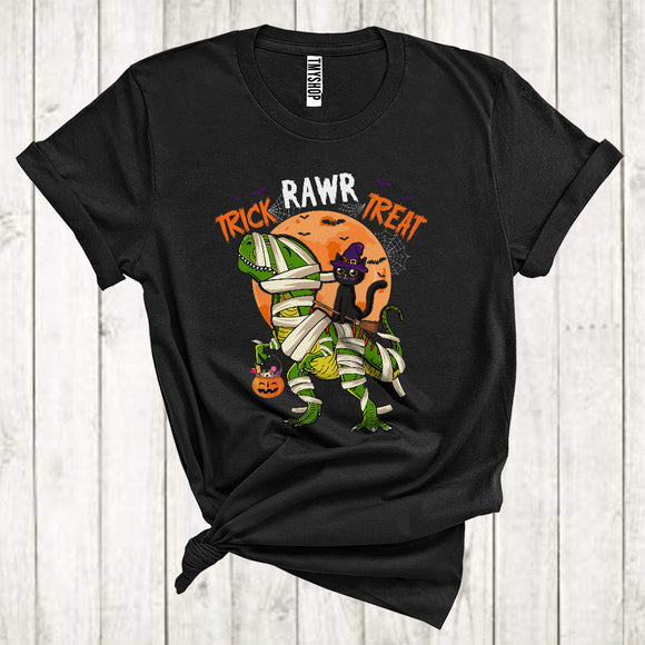 MacnyStore - Trick Rawr Treat Funny Witch Cat Riding Mummy T-Rex Dinosaur Halloween T-Shirt