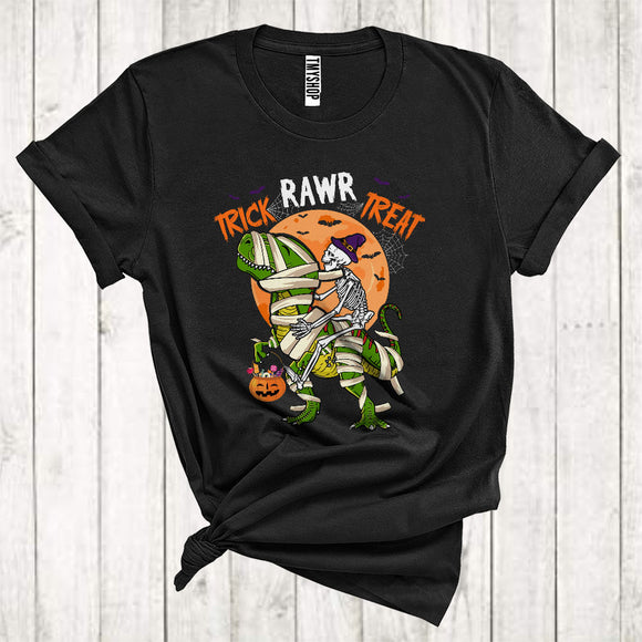 MacnyStore - Trick Rawr Treat Funny Witch Skeleton Riding Mummy T-Rex Dinosaur Halloween T-Shirt