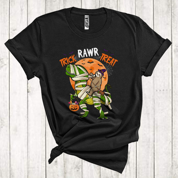 MacnyStore - Trick Rawr Treat Funny Witch Sloth Riding Mummy T-Rex Dinosaur Animal Lover Halloween T-Shirt
