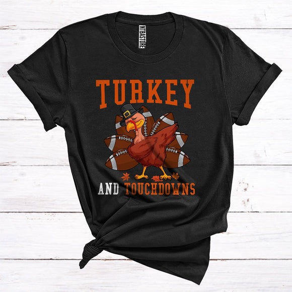 MacnyStore - Turkey And Touchdowns Funny Football Pilgrim Turkey Player Sport Lover Thanksgiving T-Shirt