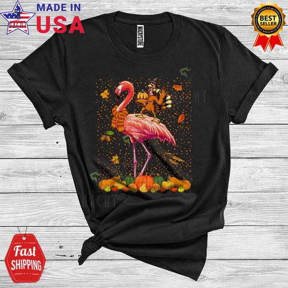 MacnyStore - Turkey Pilgrim On Flamingo Cute Thanksgiving Fall Pumpkin Wild Animal Zoo Autumn Leaves Lover T-Shirt