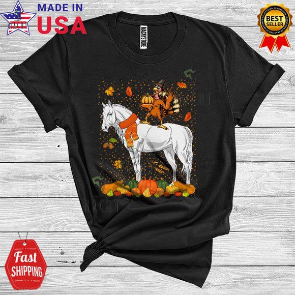 MacnyStore - Turkey Pilgrim On Horse Cute Thanksgiving Fall Pumpkin Farm Animal Zoo Autumn Leaves Lover T-Shirt