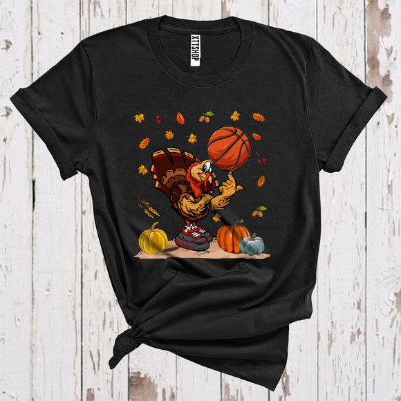MacnyStore - Turkey Playing Basketball Funny Thanksgiving Pumpkins Coach Player Sport Team T-Shirt