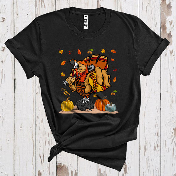 MacnyStore - Turkey Playing Softball Funny Thanksgiving Pumpkins Coach Player Sport Team T-Shirt