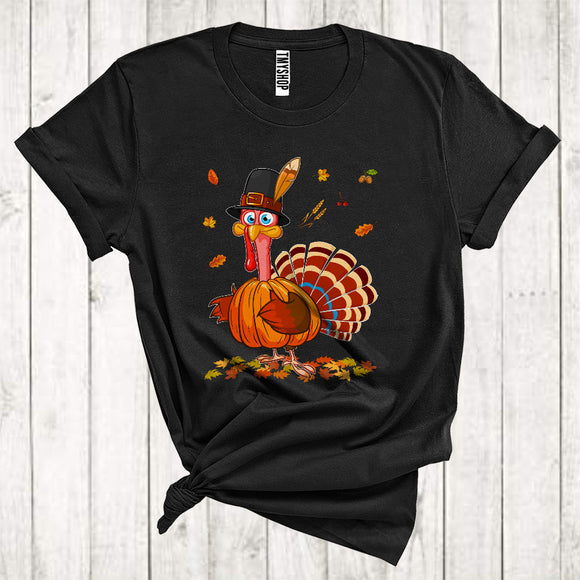 MacnyStore - Turkey Pumpkin Cute Pilgrim Turkey Wearing Pumpkin Fall Leaves Thanksgiving T-Shirt