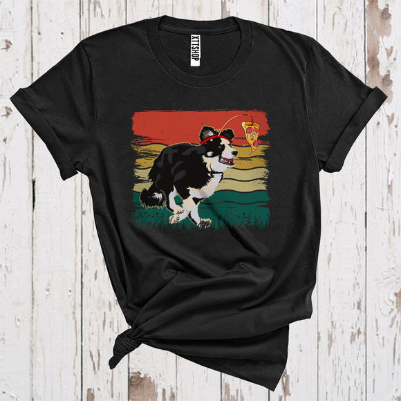 MacnyStore - Vintage Retro Border Collie Running With Pizza Baiting Funny Puppy Love Fast Food T-Shirt