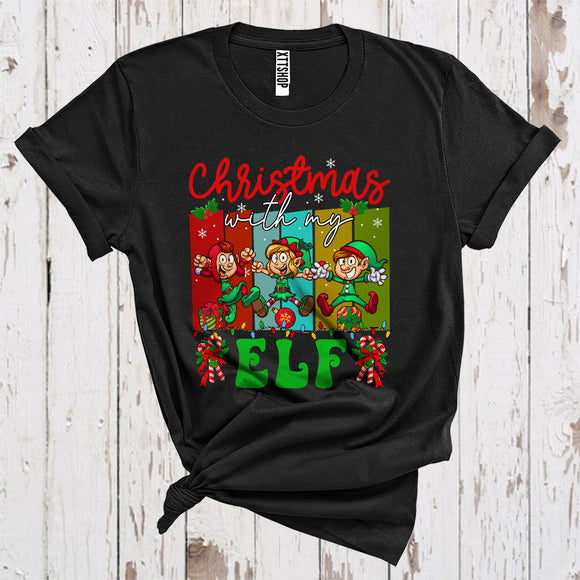 MacnyStore - Vintage Retro Christmas With My Elf Funny Three Elf Kids Jumping Xmas Lights T-Shirt