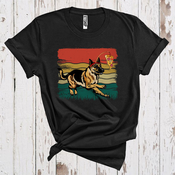 MacnyStore - Vintage Retro German Shepherd Running With Pizza Baiting Funny Puppy Love Fast Food T-Shirt