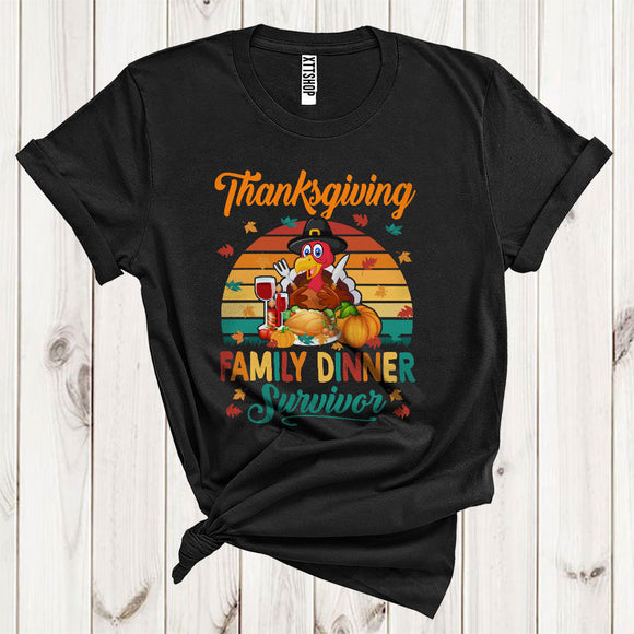 MacnyStore - Vintage Retro Thanksgiving Family Dinner Survivor Funny Save Turkey Eating Dinner Fall Leaves T-Shirt