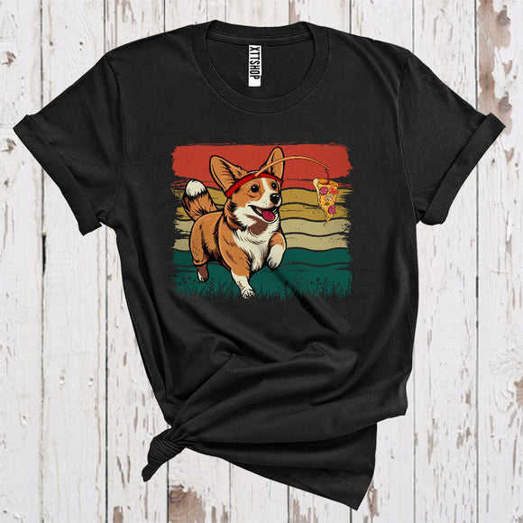 MacnyStore - Vintage Retro Welsh Corgi Running With Pizza Baiting Funny Puppy Love Fast Food T-Shirt