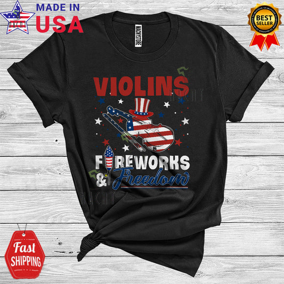 MacnyStore - Violins Fireworks And Freedom Patriotic 4th Of July Proud American Flag Musical Instruments T-Shirt