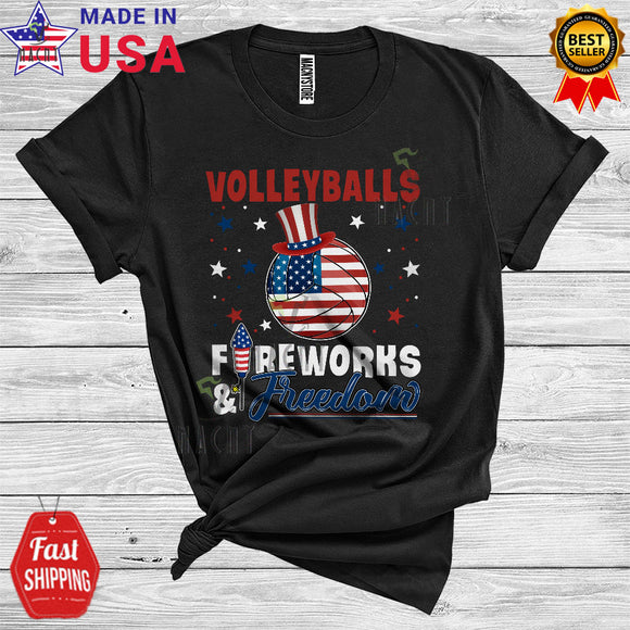MacnyStore - Volleyballs Fireworks And Freedom Patriotic 4th Of July Proud American Flag Sports Player Lover T-Shirt