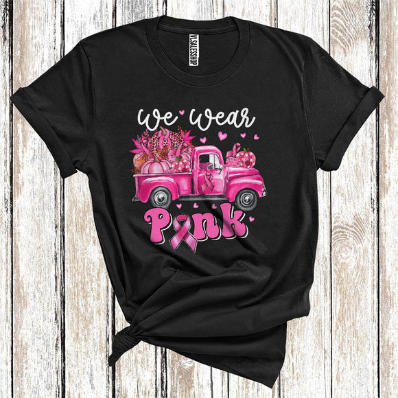 MacnyStore - We Wear Pink Cool Breast Cancer Awareness Leopard Pumpkin On Pickup Truck Pink Ribbon T-Shirt