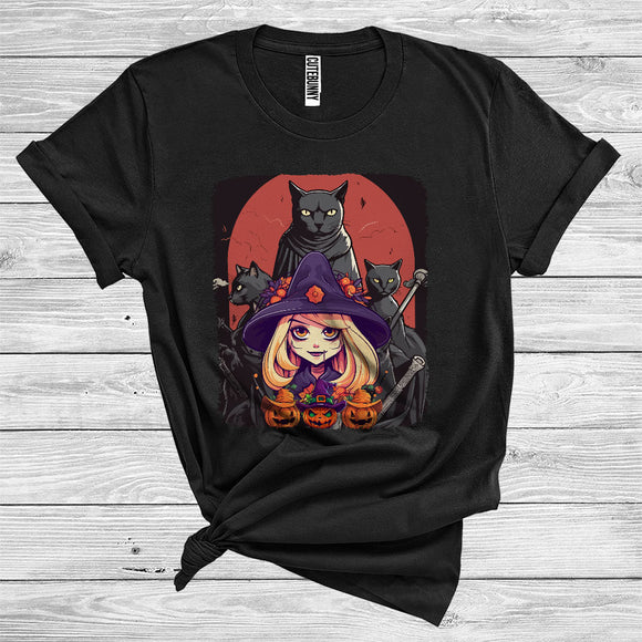 MacnyStore - Witch Anime Girl With Black Cat Cute Scary Halloween Costume Anime Girl Lady Cat Owner T-Shirt