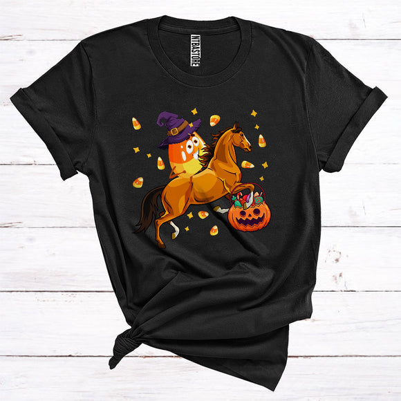 MacnyStore - Witch Candy Corn Riding Horse Funny Halloween Costume Trick Or Treat Pumpkin Lover T-Shirt