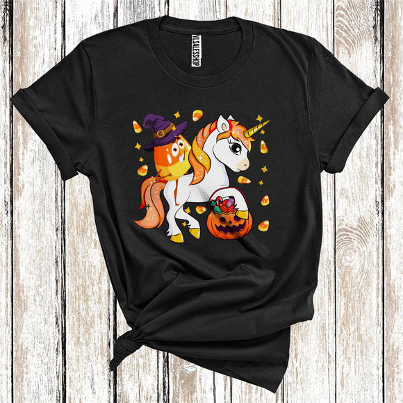 MacnyStore - Witch Candy Corn Riding Unicorn With Trick Or Treat Pumpkin Funny Halloween Costume T-Shirt