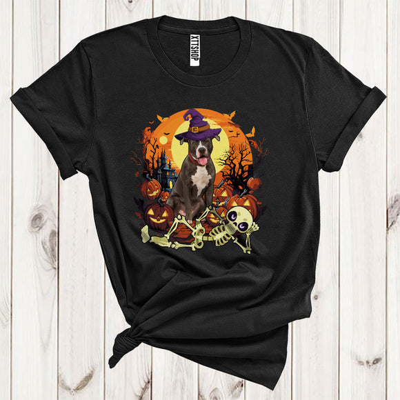MacnyStore - Pit Bull With Scary Moon Cute Halloween Costume Witch Pit Bull Lying Skeleton T-Shirt